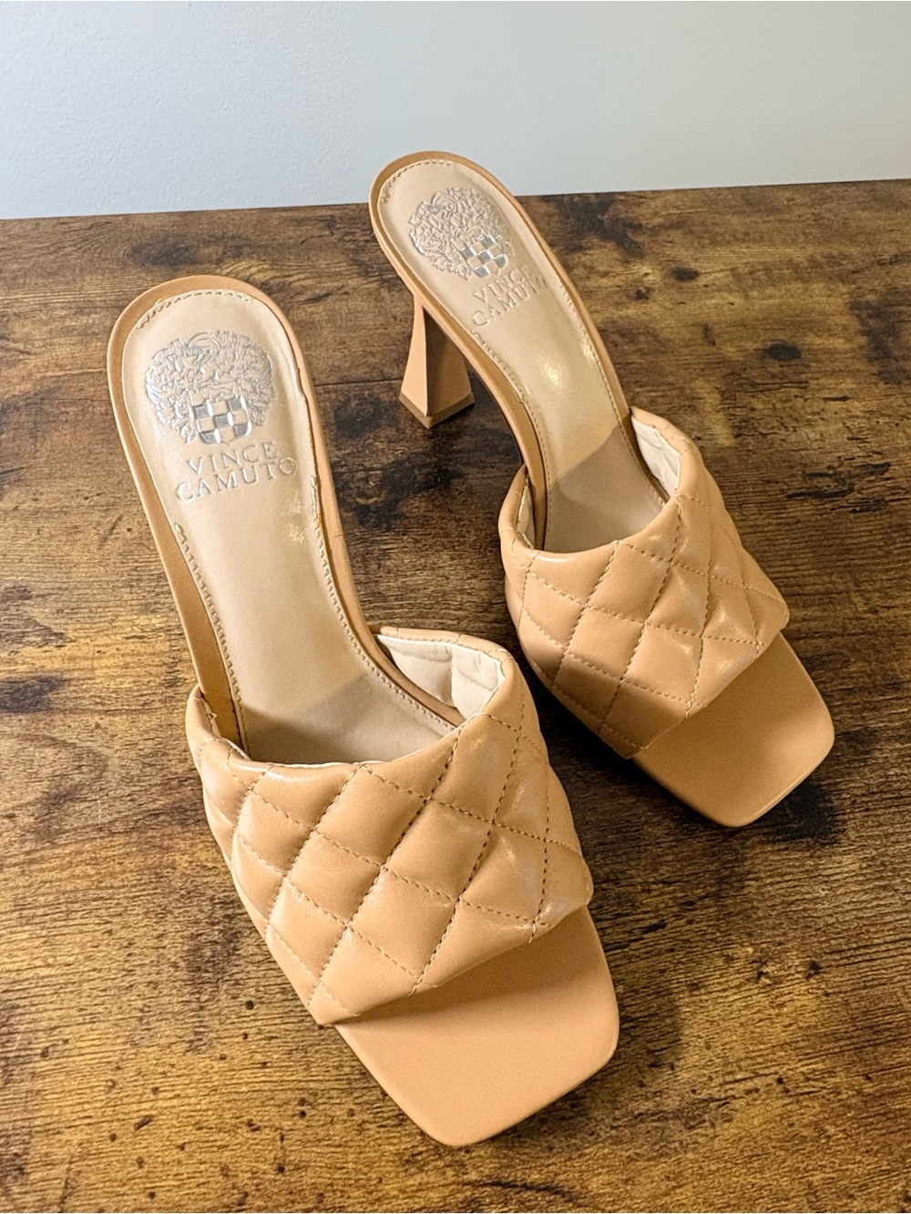 Vince Camuto Quilted Tan Heeled Slide Mules